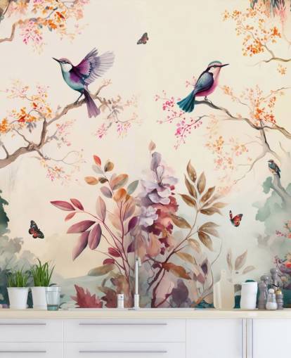 papier peint oriental coloré avec des oiseaux papier peint oriental coloré avec des oiseaux