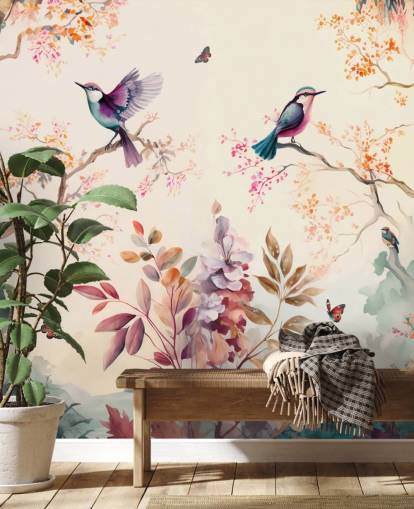 colourful oriental wallpaper mural with birds colourful oriental wallpaper mural with birds