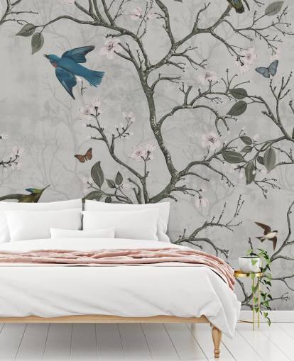 mural de papel pintado de bosque claro con pájaros para dormitorio mural de papel pintado de bosque claro con pájaros para dormitorio