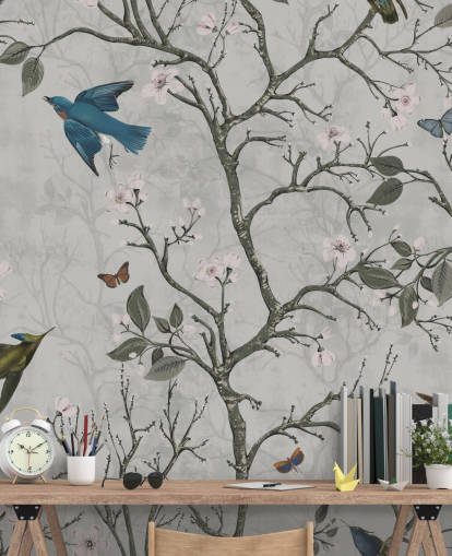 lys skog tapet veggmaleri med fugler til soverommet lys skog tapet veggmaleri med fugler til soverommet