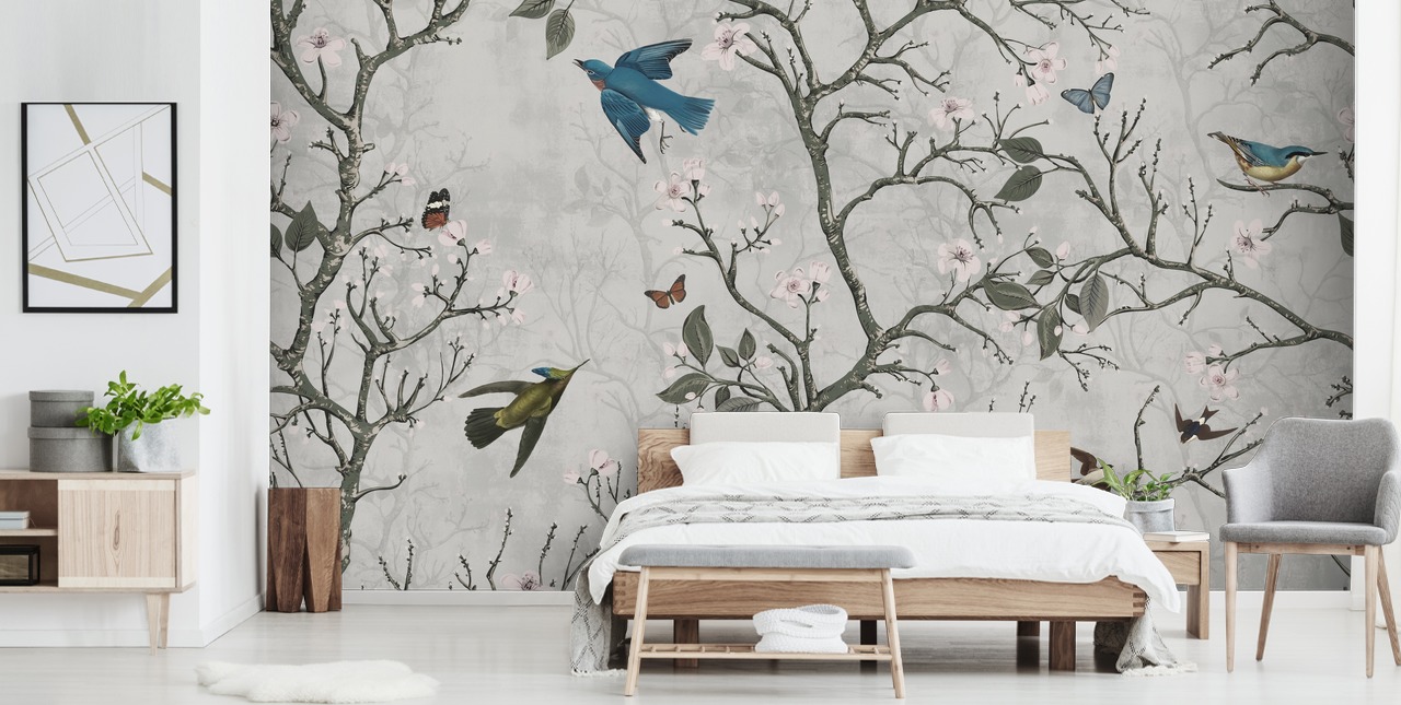 light forest wallpaper mural with birds for bedroom