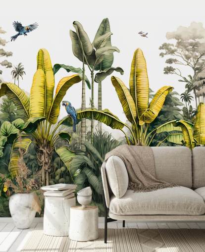 papier peint mural de la jungle verte et jaune avec des oiseaux papier peint mural de la jungle verte et jaune avec des oiseaux