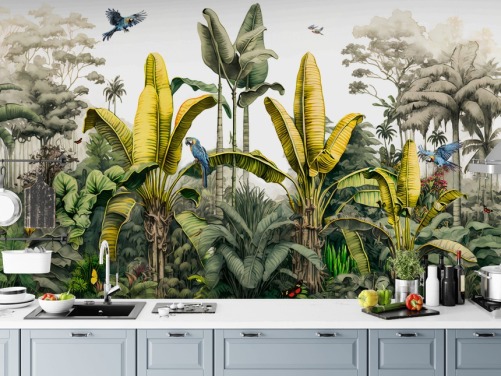 green and yellow jungle wallpaper mural with birds