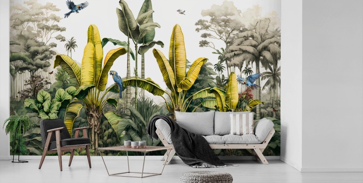 green and yellow jungle wallpaper mural with birds