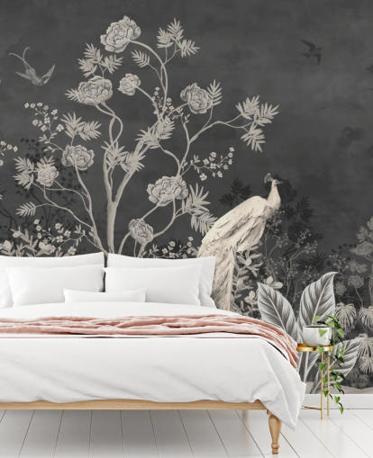 black and white chinoiserie wallpaper mural with cranes for bedroom black and white chinoiserie wallpaper mural with cranes for bedroom