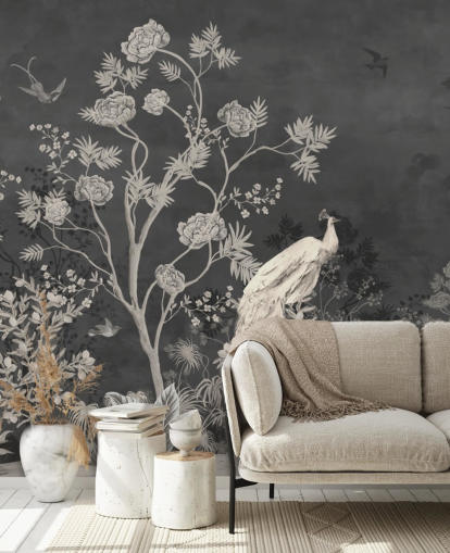 black and white chinoiserie wallpaper mural with cranes for bedroom black and white chinoiserie wallpaper mural with cranes for bedroom
