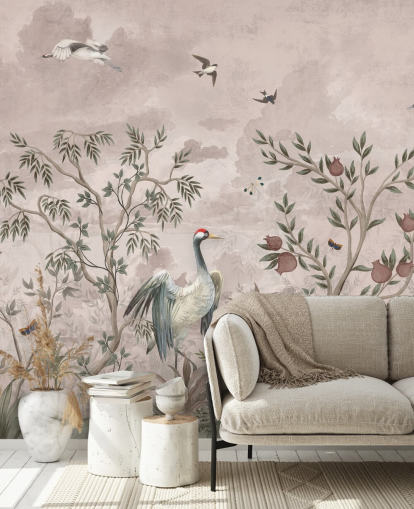 mural de papel pintado floral rosa con pájaros para dormitorio mural de papel pintado floral rosa con pájaros para dormitorio