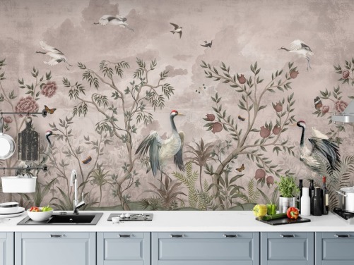 pink floral wallpaper mural with birds for bedroom