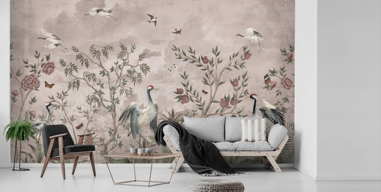 mural de papel pintado floral rosa con pájaros para dormitorio
