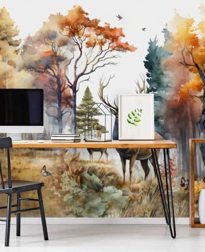 brunt og grønt skogstapet med hjort til soverommet brunt og grønt skogstapet med hjort til soverommet