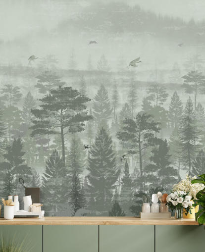 grønn skog tapet veggmaleri med fugler til soverommet grønn skog tapet veggmaleri med fugler til soverommet