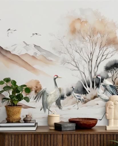 Oriental Wallpaper with cranes doing the Hokkaido dance Oriental Wallpaper with cranes doing the Hokkaido dance
