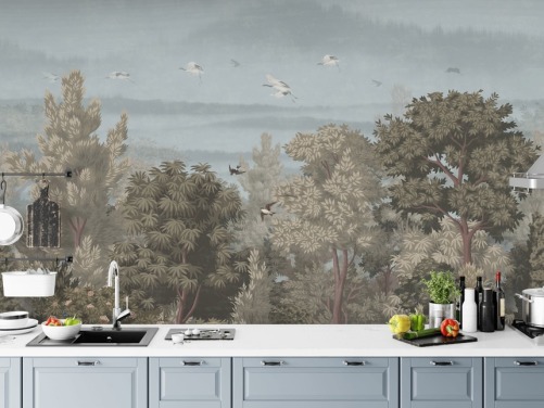 papel de parede colorido da floresta com pássaros para um quarto