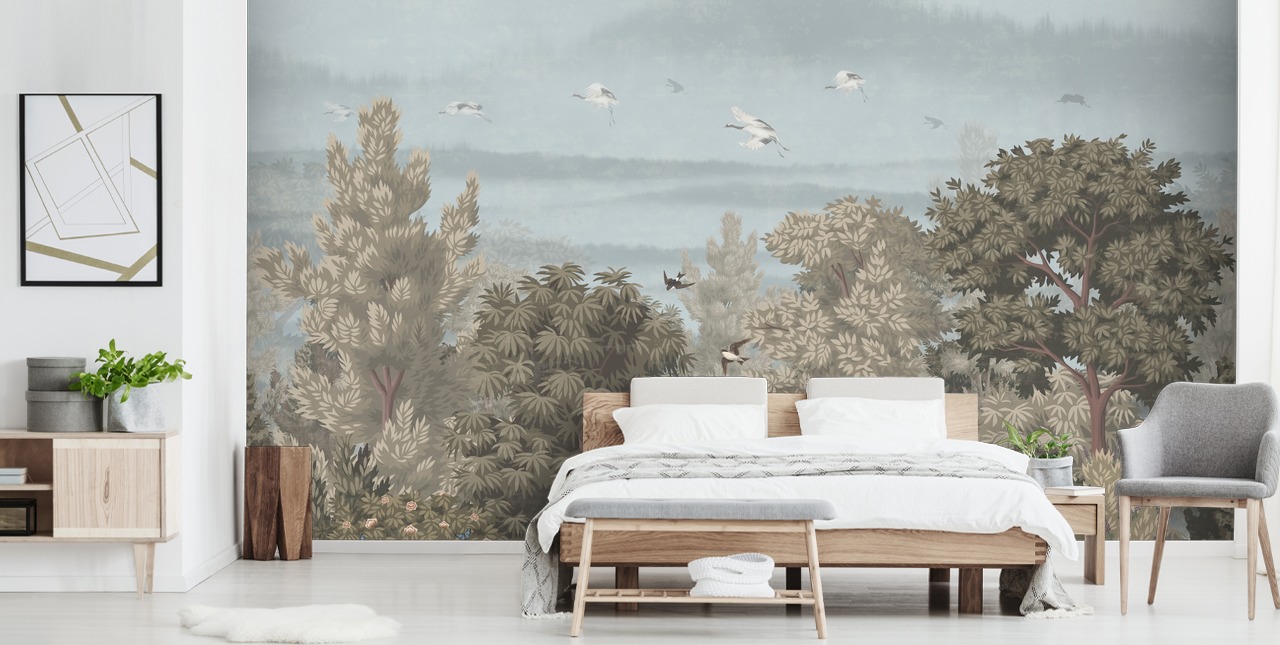 kleurrijk bosbehang met vogels voor een slaapkamer