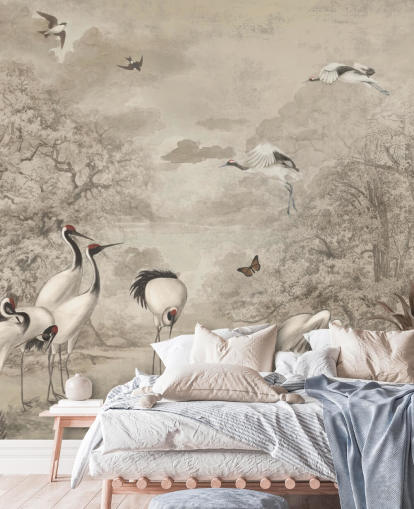 Illustration of Jungle Cranes on sepia wallpaper Illustration of Jungle Cranes on sepia wallpaper