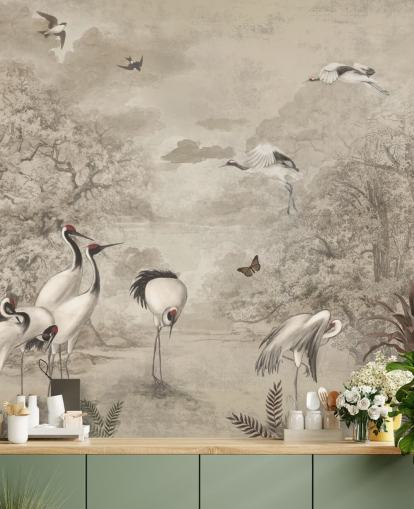 Illustration of Jungle Cranes on sepia wallpaper Illustration of Jungle Cranes on sepia wallpaper