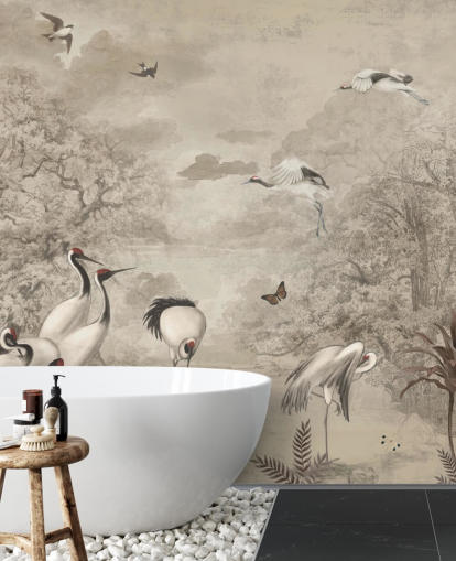 Illustration af Jungle Cranes på sepia tapet Illustration af Jungle Cranes på sepia tapet