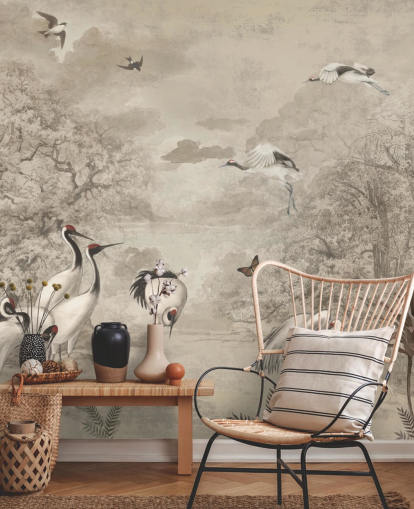 Illustration of Jungle Cranes on sepia wallpaper Illustration of Jungle Cranes on sepia wallpaper