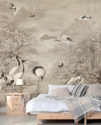 Illustration de Jungle Cranes sur papier peint sépia Illustration de Jungle Cranes sur papier peint sépia