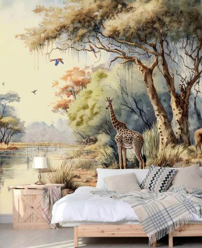 fargerikt jungel tapet med sjiraff til barnets soverom fargerikt jungel tapet med sjiraff til barnets soverom
