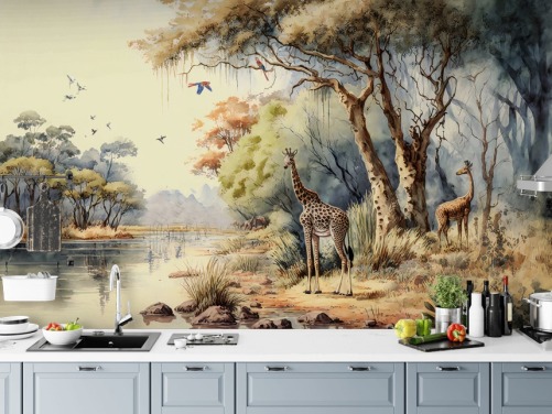 kleurrijk junglebehang met giraffe voor kinderkamer