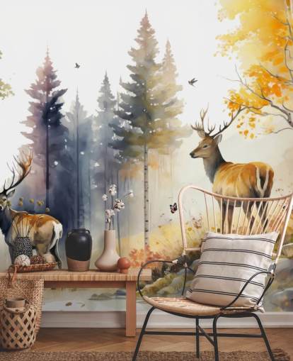 mørk skog tapet veggmaleri med hjort til soverommet mørk skog tapet veggmaleri med hjort til soverommet