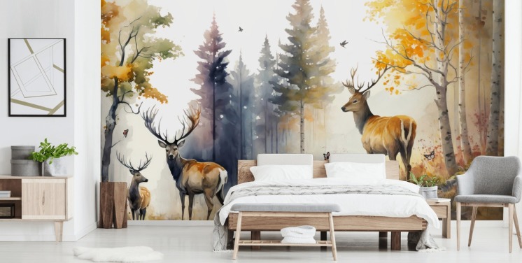 dunkles Wald-Wandbild mit Hirschen für Schlafzimmer