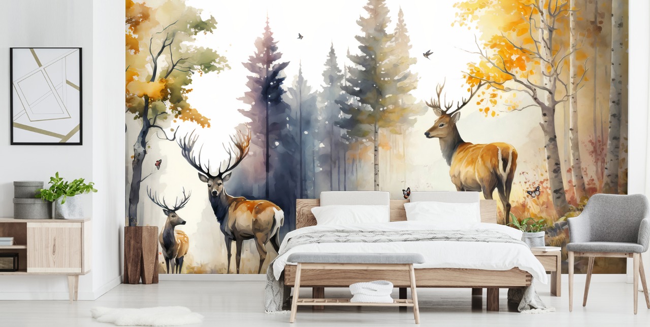 mørk skog tapet veggmaleri med hjort til soverommet mørk skog tapet veggmaleri med hjort til soverommet