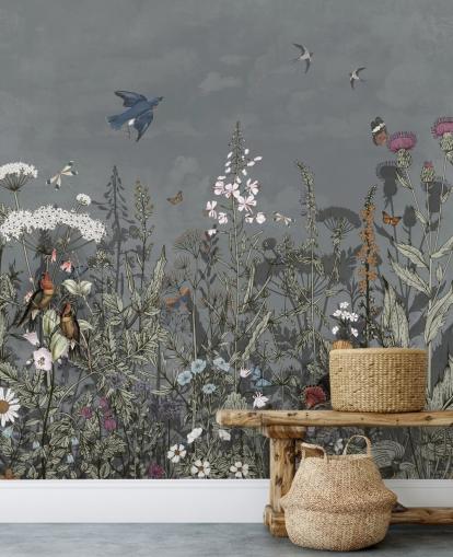 mørk floral tapet veggmaleri med fugler til soverommet mørk floral tapet veggmaleri med fugler til soverommet