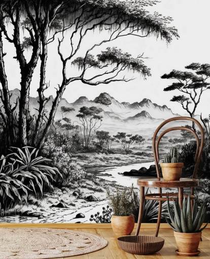 black and white jungle wallpaper with river and mountains for bedroom black and white jungle wallpaper with river and mountains for bedroom