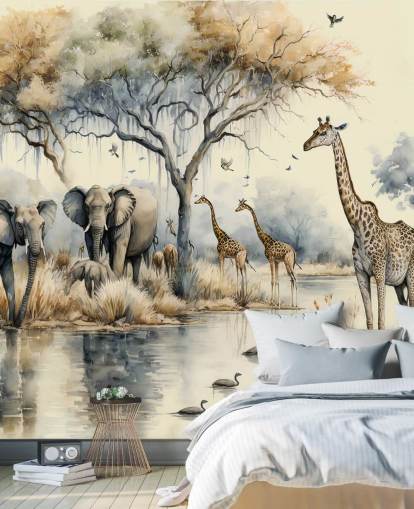 Poster mural Illustration d'éléphants et de girafes sur Safari Poster mural Illustration d'éléphants et de girafes sur Safari