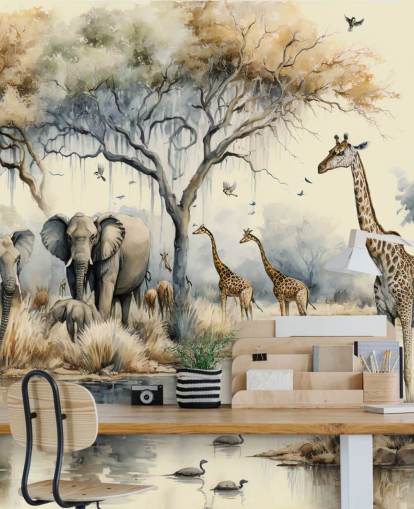 Abbildung von Elefanten und Giraffen auf Safari-Wandgemälde Abbildung von Elefanten und Giraffen auf Safari-Wandgemälde
