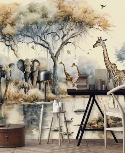 Illustration av elefanter och giraffer på Safari väggmålning Illustration av elefanter och giraffer på Safari väggmålning