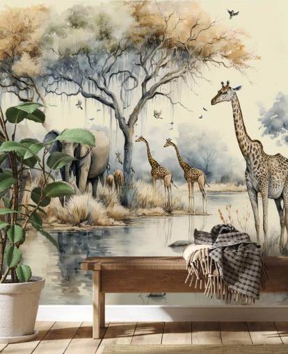 Poster mural Illustration d'éléphants et de girafes sur Safari Poster mural Illustration d'éléphants et de girafes sur Safari