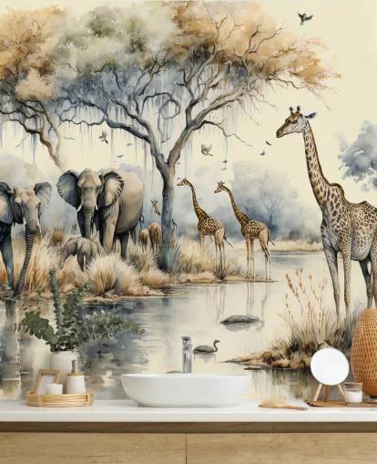 Illustration af elefanter og giraffer på Safari vægmaleri Illustration af elefanter og giraffer på Safari vægmaleri