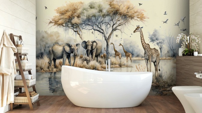 Illustration of Elephants and Giraffes on Safari wall mural