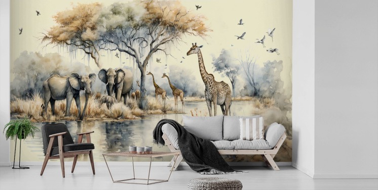 Poster in Cornice Illustrazione di elefanti e giraffe su Safari