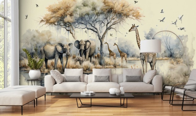 Illustration av elefanter och giraffer på Safari väggmålning