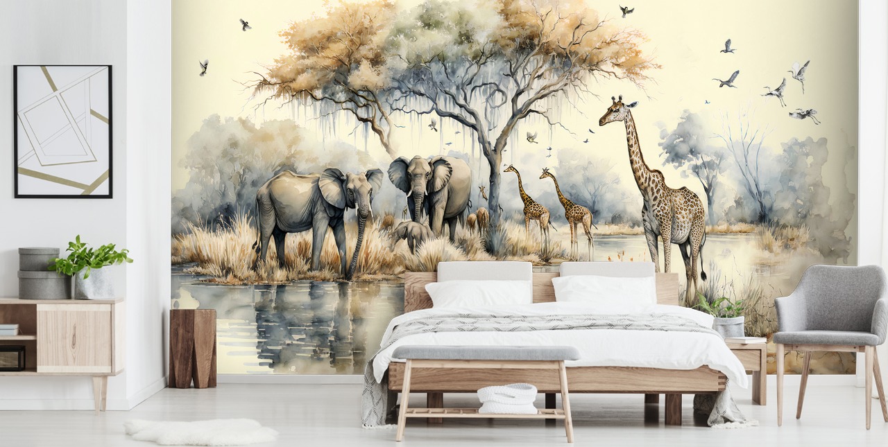 Abbildung von Elefanten und Giraffen auf Safari-Wandgemälde