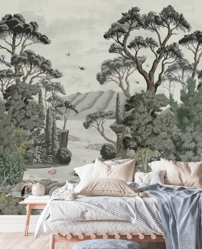 The Passage - Illustratives Wandbild mit Bäumen, Flüssen und Reihern The Passage - Illustratives Wandbild mit Bäumen, Flüssen und Reihern