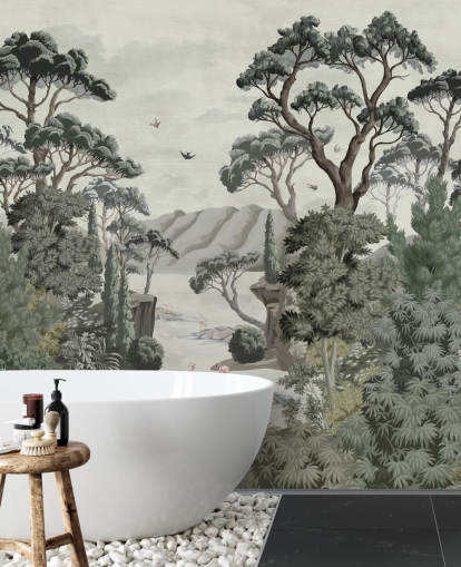 Passagen - Illustrativ väggmålning av träd, flod och hägrar Passagen - Illustrativ väggmålning av träd, flod och hägrar