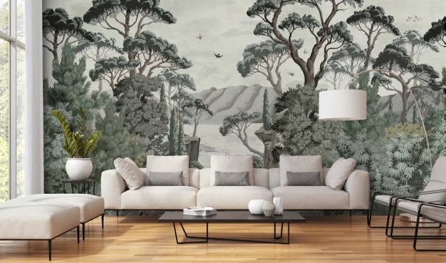 Fotobehang The Passage - Illustratieve bomen, rivieren en reigers