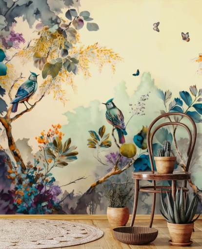 Tropical birds and trees at sunset in blue and sepia wall mural Tropical birds and trees at sunset in blue and sepia wall mural