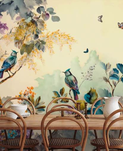 Tropical birds and trees at sunset in blue and sepia wall mural Tropical birds and trees at sunset in blue and sepia wall mural