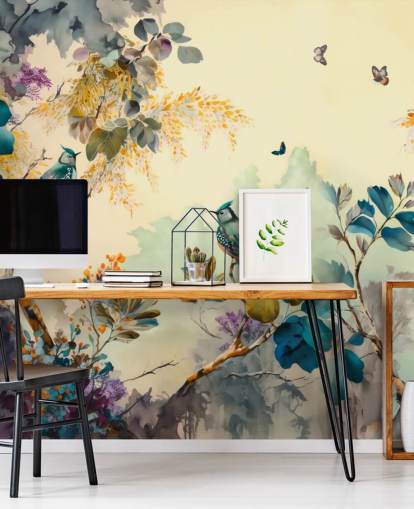 Tropical birds and trees at sunset in blue and sepia wall mural Tropical birds and trees at sunset in blue and sepia wall mural