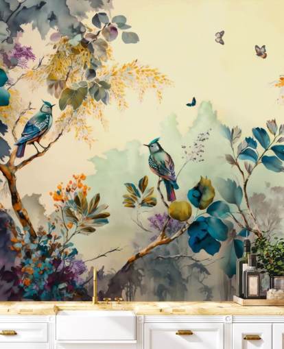 Tropische Vögel und Bäume bei Sonnenuntergang in Blau und Sepia Wandbild Tropische Vögel und Bäume bei Sonnenuntergang in Blau und Sepia Wandbild