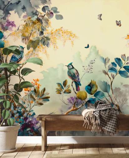 Tropical birds and trees at sunset in blue and sepia wall mural Tropical birds and trees at sunset in blue and sepia wall mural