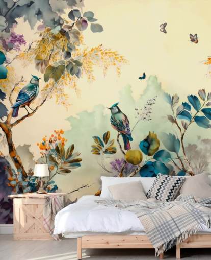 Pássaros e árvores tropicais ao pôr do sol em mural de parede azul e sépia Pássaros e árvores tropicais ao pôr do sol em mural de parede azul e sépia