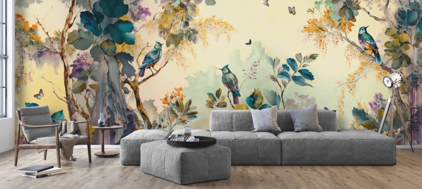 Mural de pared de pájaros y árboles tropicales al atardecer en azul y sepia