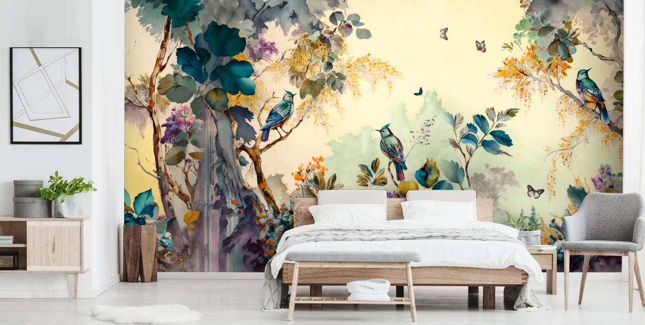 Tropiske fugler og trær ved solnedgang i blått og sepia veggmaleri Tropiske fugler og trær ved solnedgang i blått og sepia veggmaleri